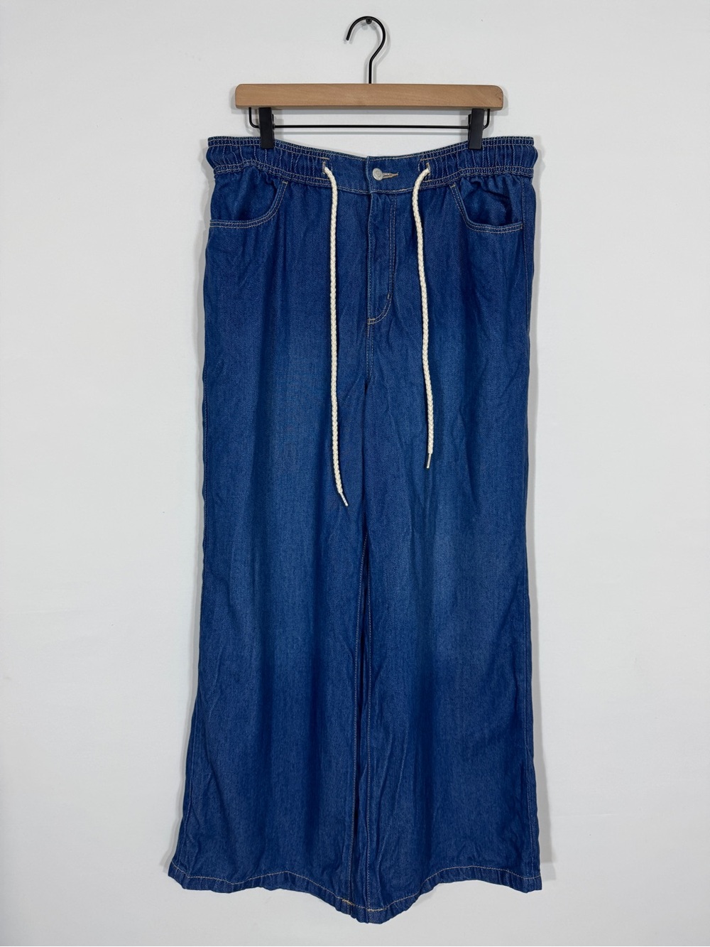 WJ554 {LOFT} "Palazzo" Blue Elastic Tie Waist Relaxed Loose Baggy Wide Leg Jeans